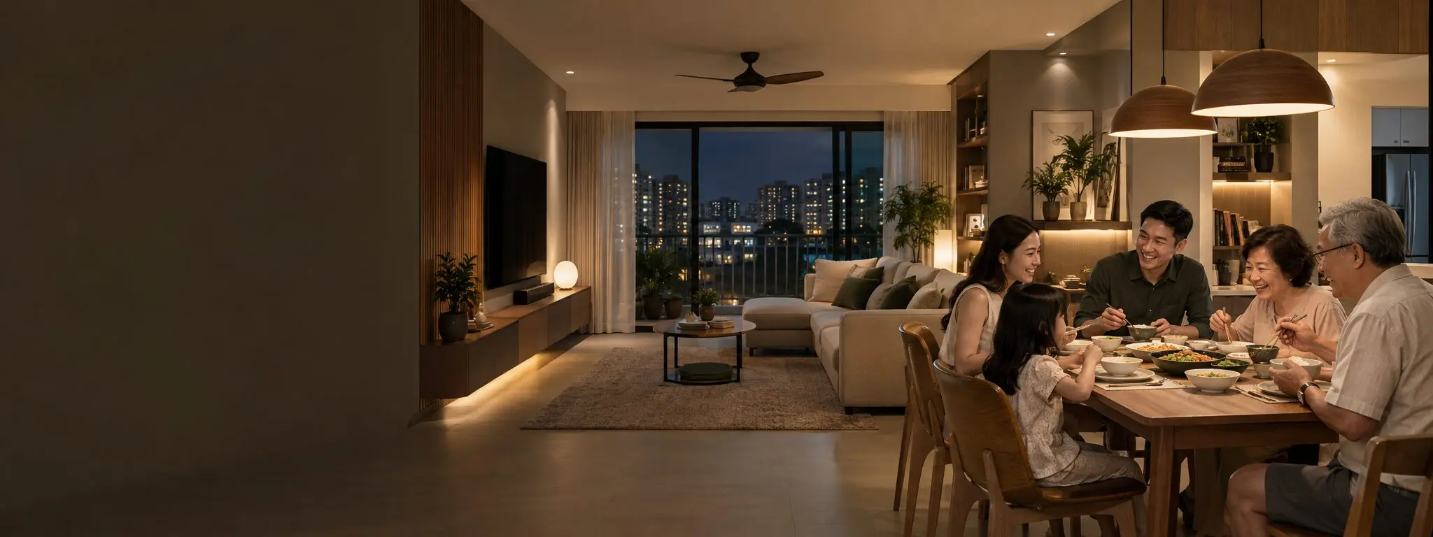 Singaporean family smiling while dining in a renovated home interior