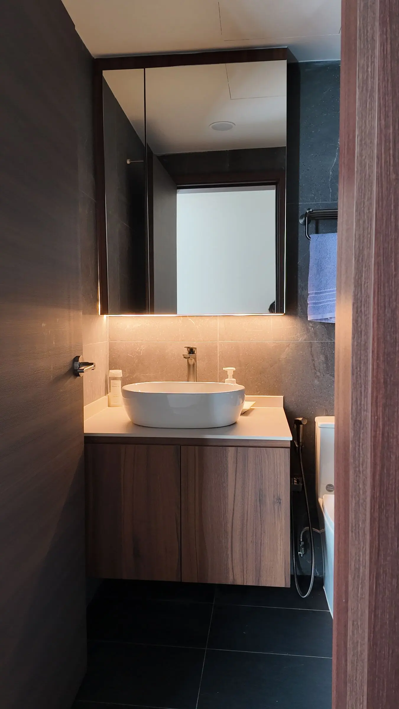 Bathroom basin and wood vanity at Lakeshore