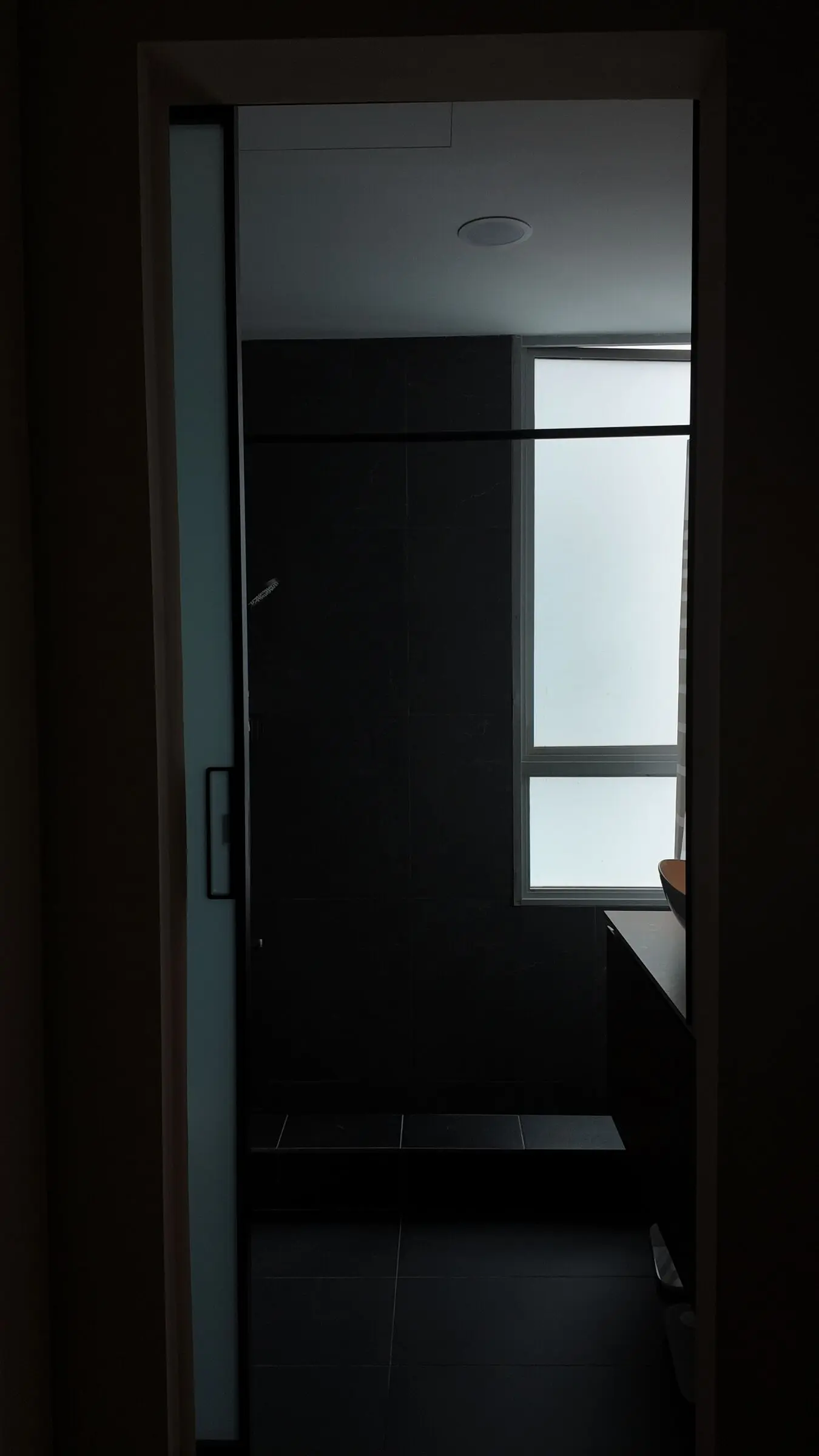 Vertical entrance to the dark-tiled bathroom at Lakeshore
