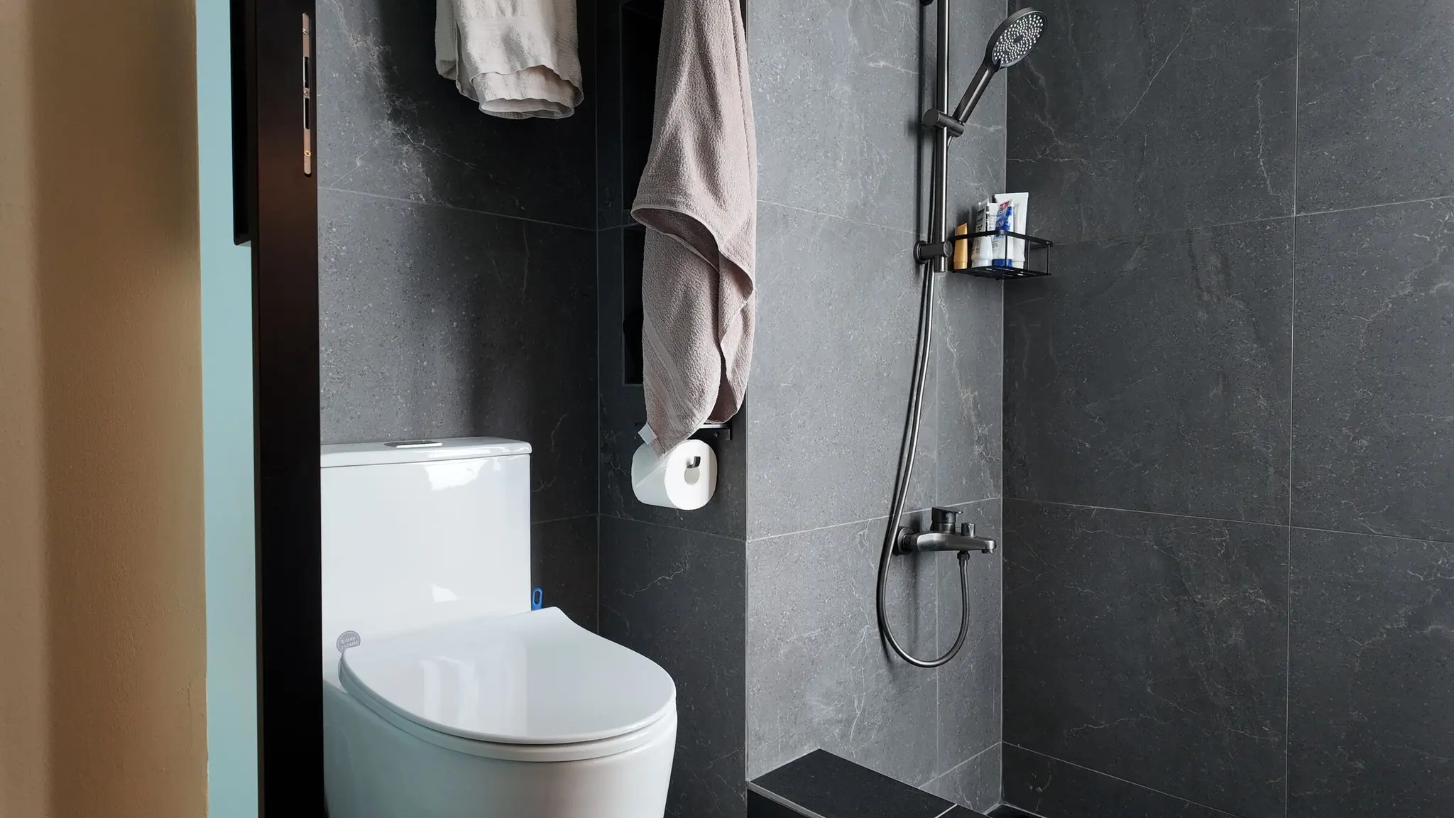 Dark-tiled bathroom with shower at Lakeshore