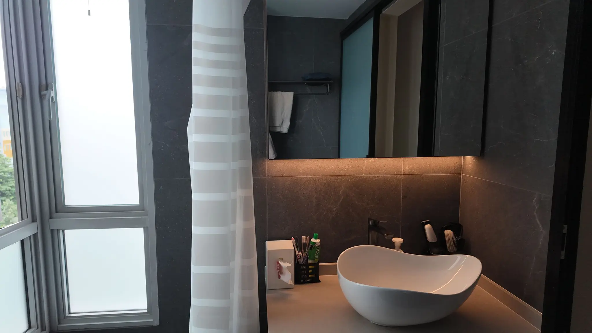 Bathroom vanity with vessel basin at Lakeshore
